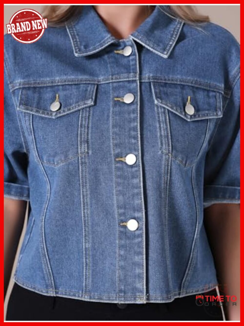 Cropped Button Up Denim Jacket Short Sleeve Jean Jacket Women's Casual - Picture 4 of 6